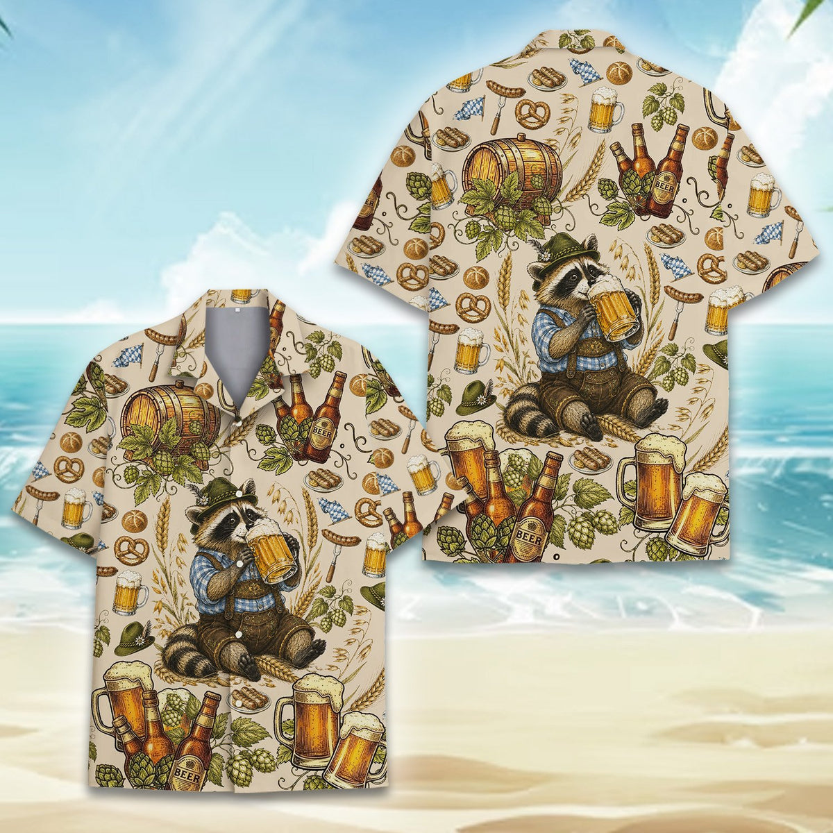 Raccoon in lederhosen hawaiian shirt, front view