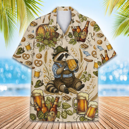 Oktoberfest hawaiian shirt featuring raccoon and pretzels, front view