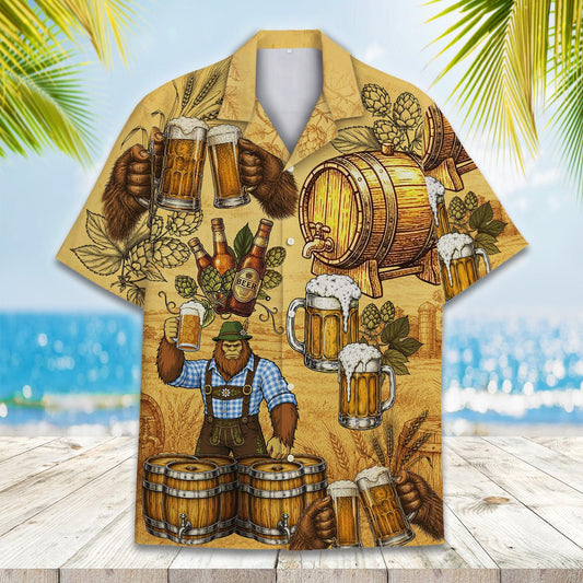 Yellow Oktoberfest Hawaiian shirt featuring Bigfoot in lederhosen, front view