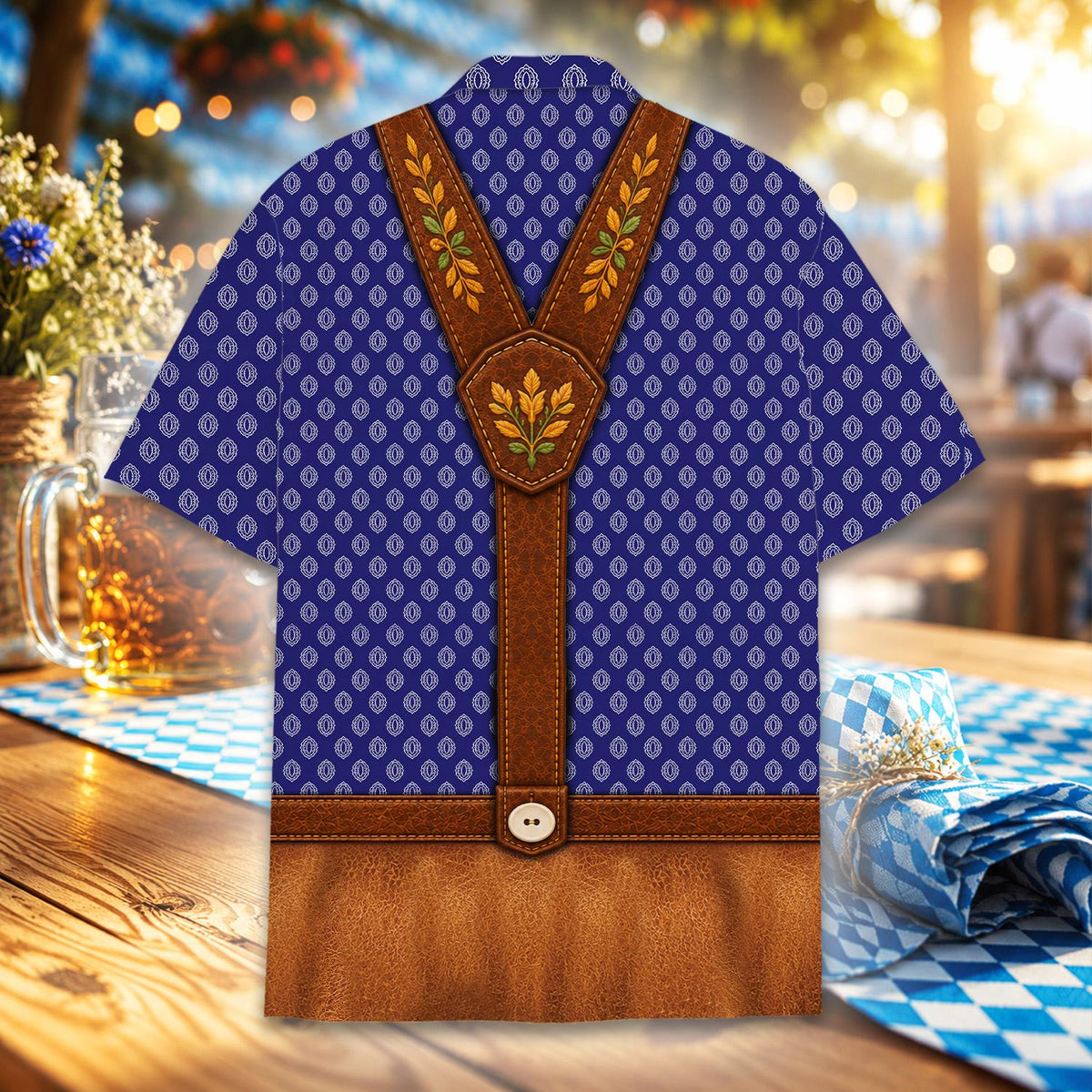 Back view of blue Oktoberfest hawaiian shirt