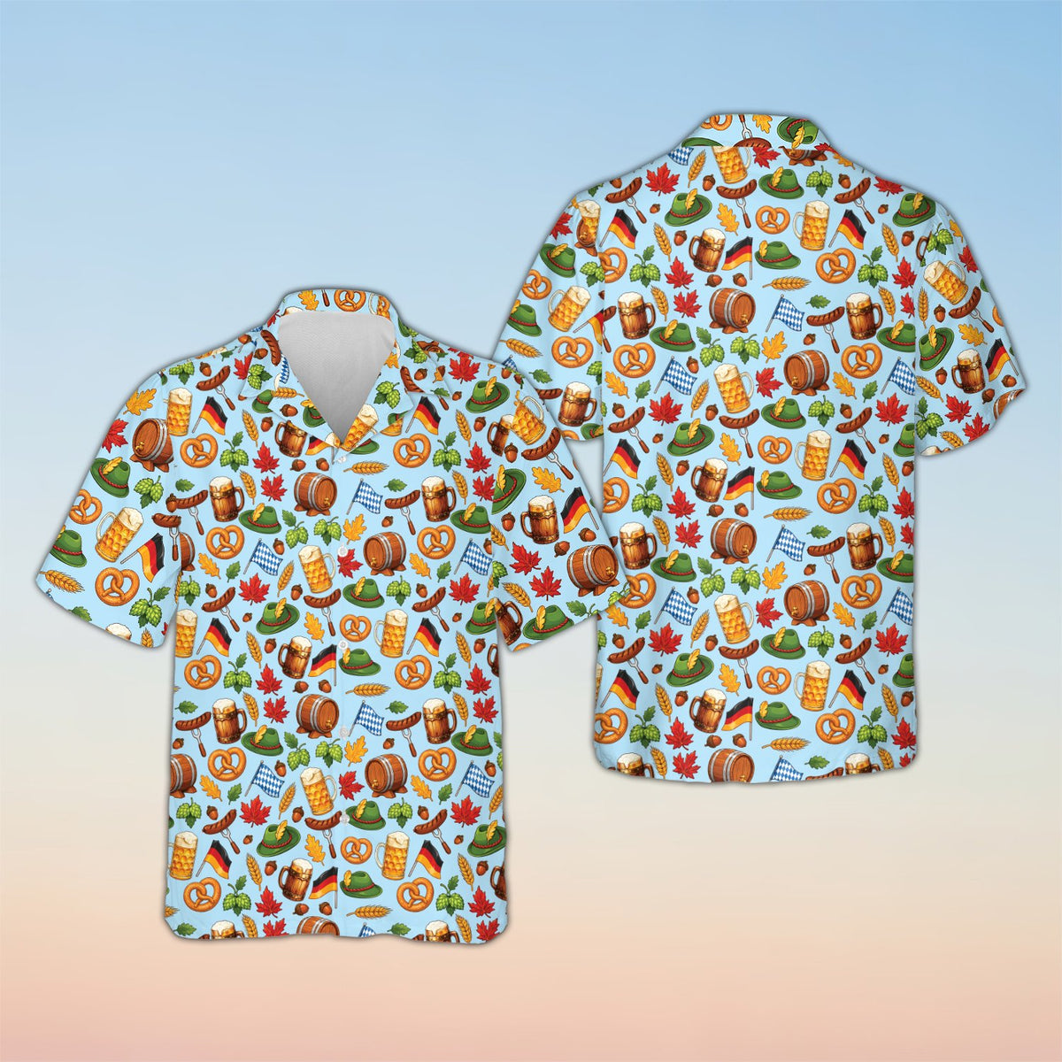 Blue Oktoberfest hawaiian shirt with Bavarian motifs, front view