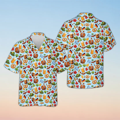 Blue Oktoberfest hawaiian shirt with Bavarian motifs, front view