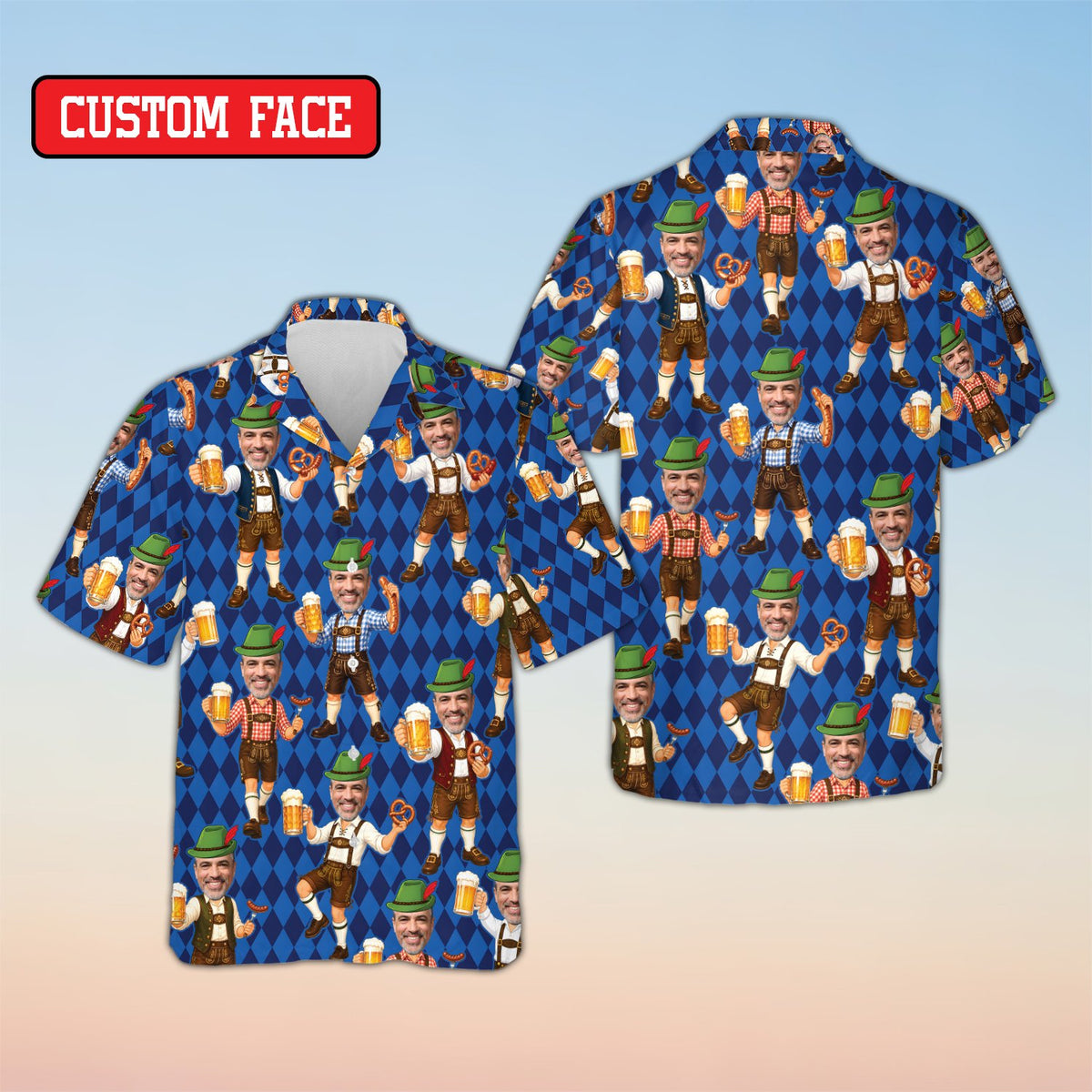 Front view of the personalized hawaiian shirt featuring pretzel and sausage design