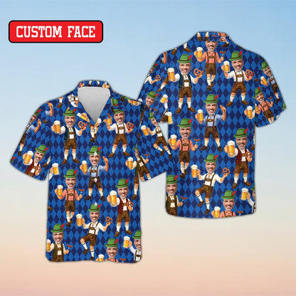 Front view of the personalized hawaiian shirt featuring pretzel and sausage design