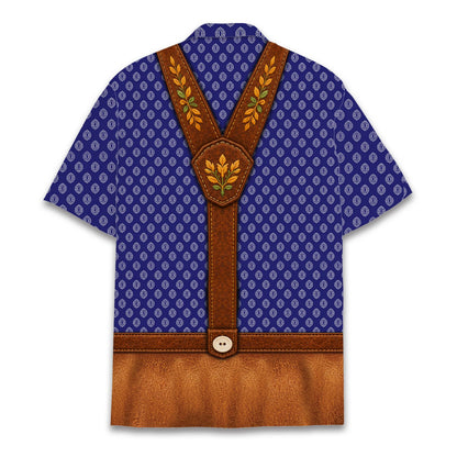 Matching family hawaiian shirts in blue Oktoberfest lederhosen design, front view