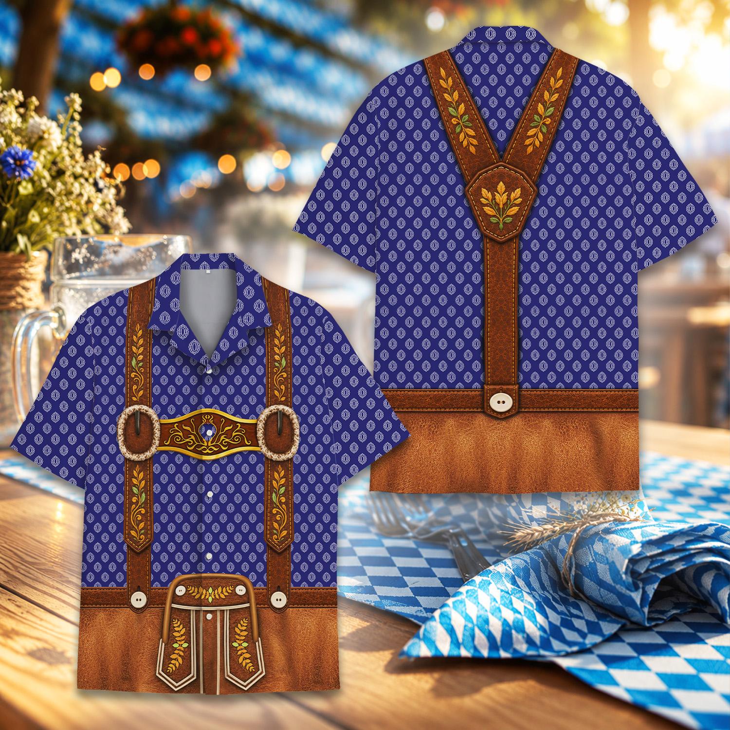 Collar detail of the blue Oktoberfest hawaiian shirt