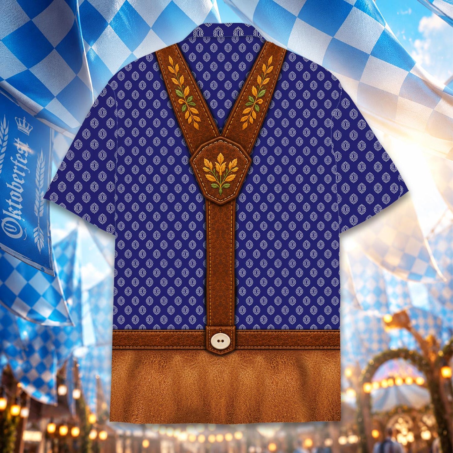Hem detail of the faux leather shorts print on the blue hawaiian shirt
