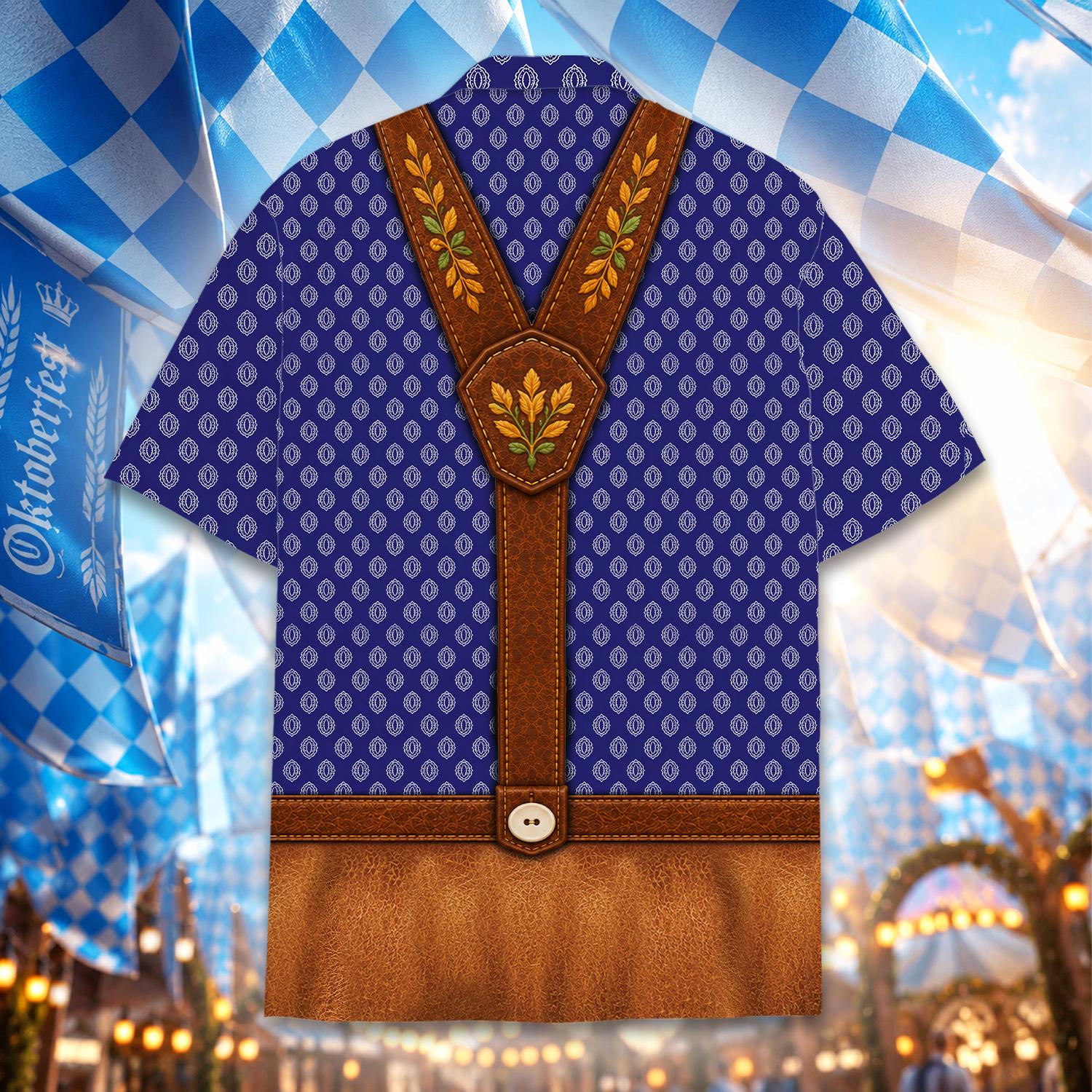 Hem detail of the faux leather shorts print on the blue hawaiian shirt