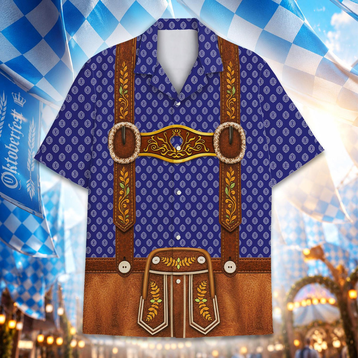Close up view of blue faux lederhosen suspender print on the hawaiian shirt