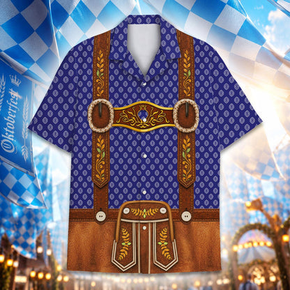 Close up view of blue faux lederhosen suspender print on the hawaiian shirt