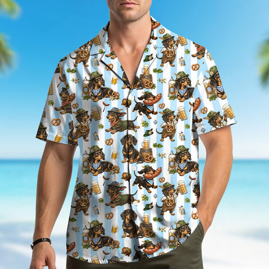 Oktoberfest dachshund hawaiian shirt on a light blue and white striped background