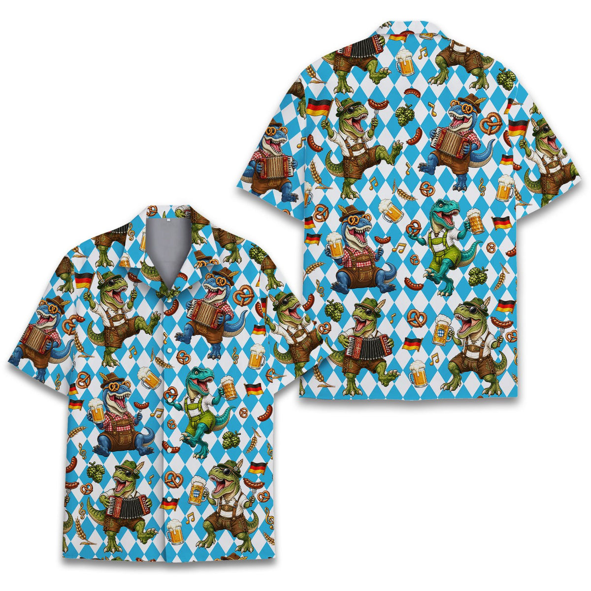 Another back view of the Oktoberfest dinosaurs hawaiian shirt.