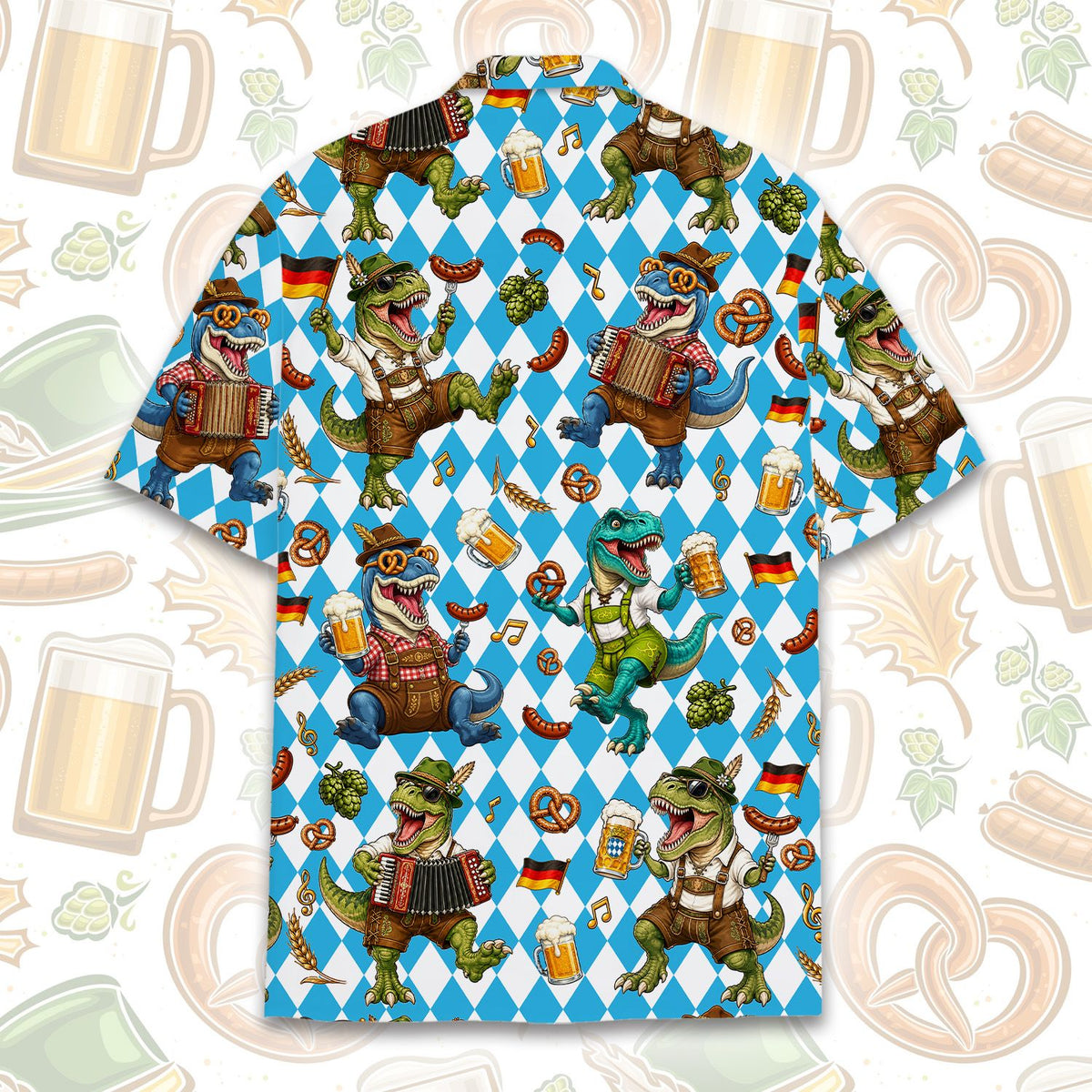 Close-up back view of the Oktoberfest dinosaurs hawaiian shirt showing dinosaurs and pretzels.