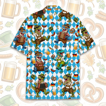 Close-up back view of the Oktoberfest dinosaurs hawaiian shirt showing dinosaurs and pretzels.