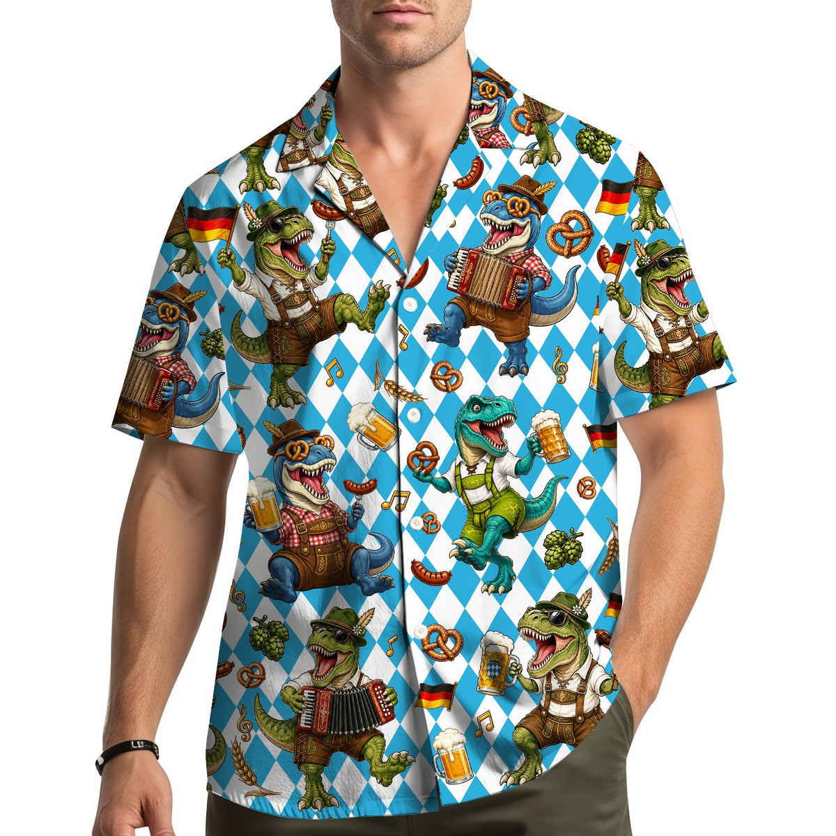 Back view of the Oktoberfest dinosaurs hawaiian shirt with the matching all-over print.