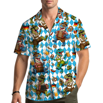 Back view of the Oktoberfest dinosaurs hawaiian shirt with the matching all-over print.