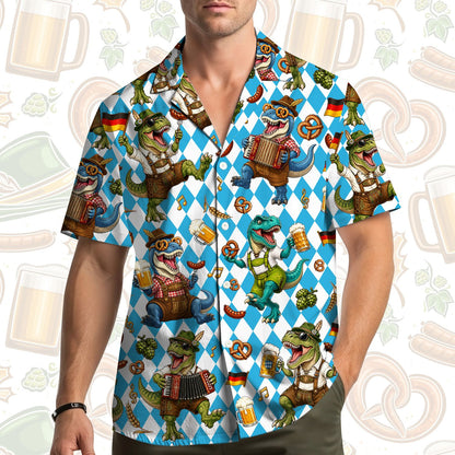 Front detail of the Oktoberfest dinosaurs hawaiian shirt showing cartoon dinosaurs holding beer steins.