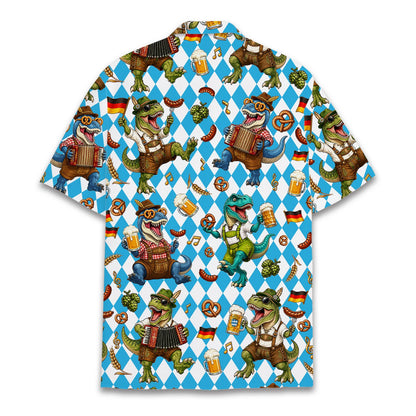 Another front view of the Oktoberfest dinosaurs hawaiian shirt on a light blue diamond checkerboard.