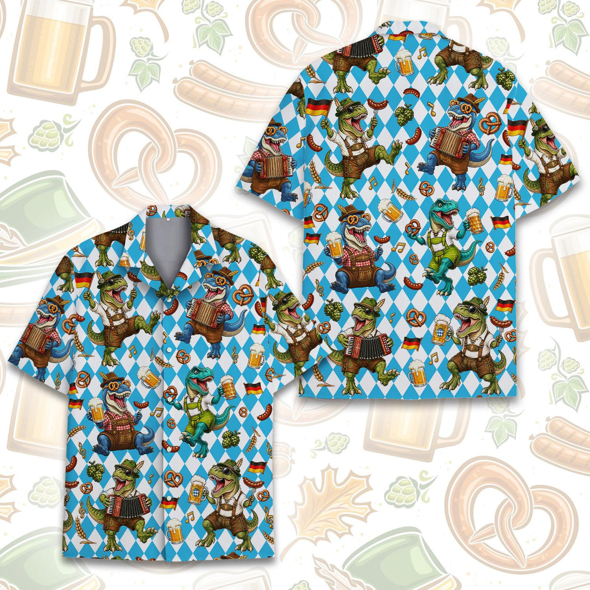 Close-up front view of the Oktoberfest dinosaurs hawaiian shirt highlighting the geometric pattern.