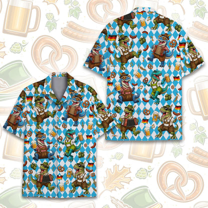 Close-up front view of the Oktoberfest dinosaurs hawaiian shirt highlighting the geometric pattern.