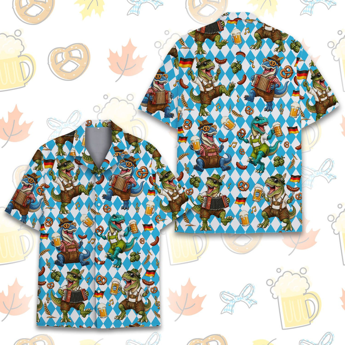 Angled front view of the Oktoberfest dinosaurs hawaiian shirt with festive elements.