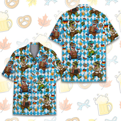 Angled front view of the Oktoberfest dinosaurs hawaiian shirt with festive elements.