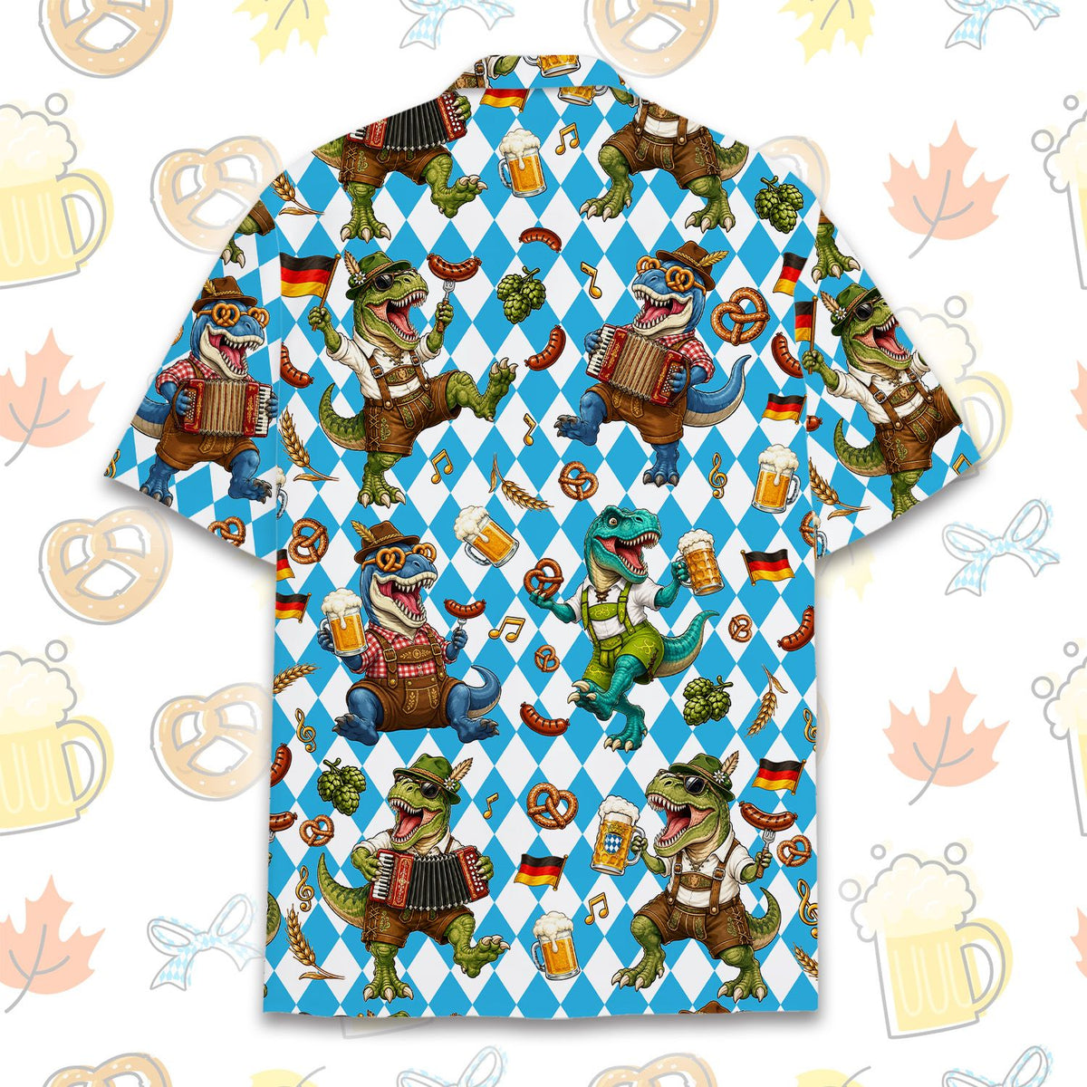 Full front view of the Oktoberfest dinosaurs hawaiian shirt.