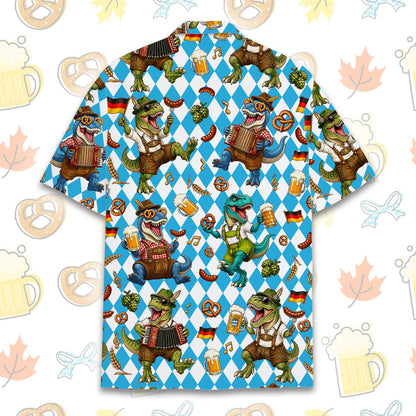 Full front view of the Oktoberfest dinosaurs hawaiian shirt.