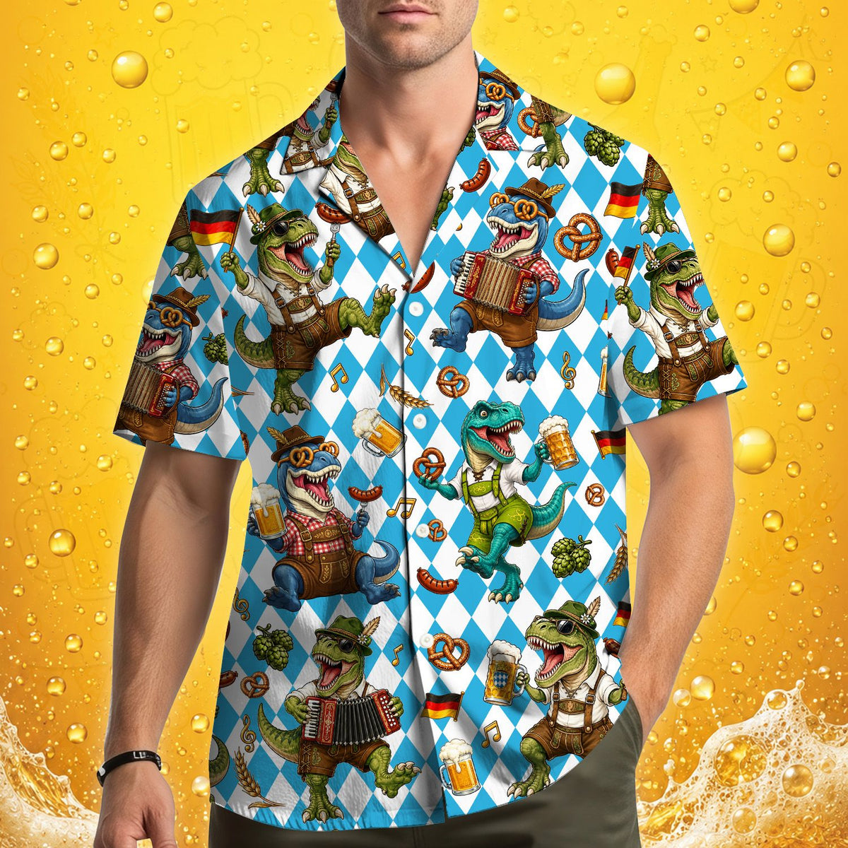 Main view of the Oktoberfest dinosaurs hawaiian shirt featuring a blue geometric pattern and festive cartoon dinos.