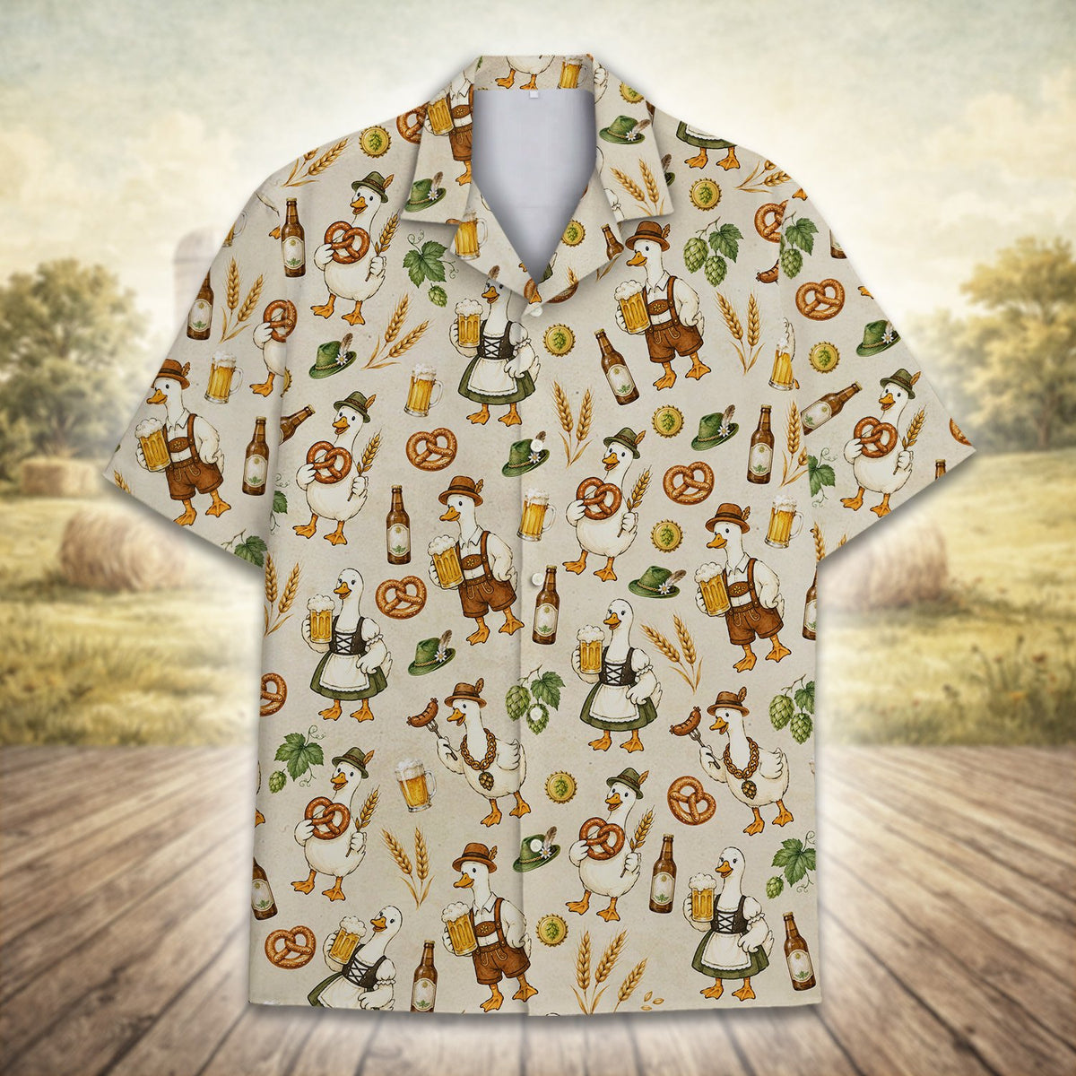 Detailed front view of the Oktoberfest pattern hawaiian shirt