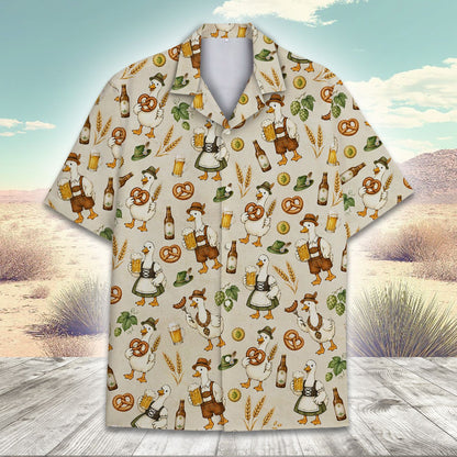 Close up front view of the beige Oktoberfest family hawaiian shirt