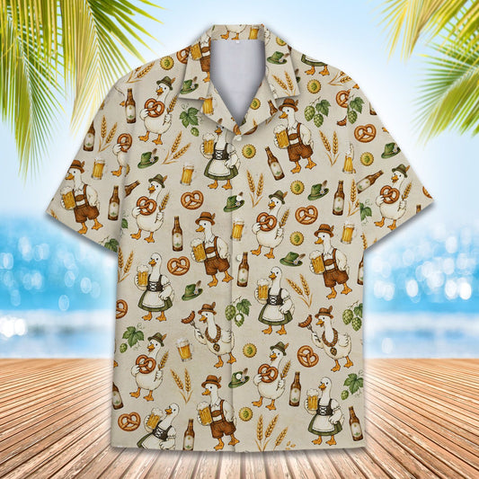 Matching family hawaiian shirt with Oktoberfest pattern, beige front view