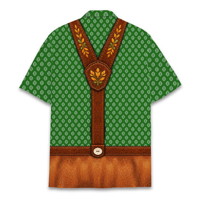 Back view of green faux lederhosen hawaiian shirt