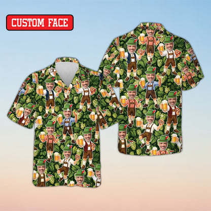 Green oktoberfest hawaiian shirt with custom name and number on multiple background patterns, group view