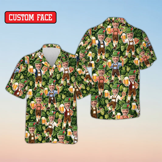 Green oktoberfest hawaiian shirt with cartoon lederhosen design, main view