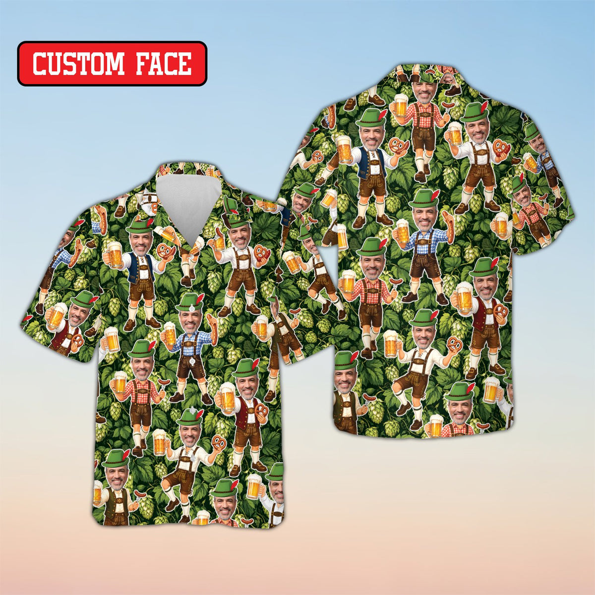 Front view of the green oktoberfest hawaiian shirt with custom name and number