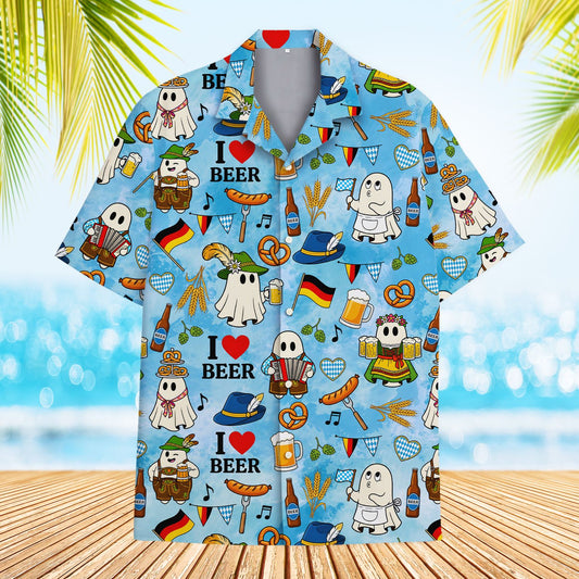 Oktoberfest Halloween hawaiian shirt with ghosts and beer mugs, matching family design