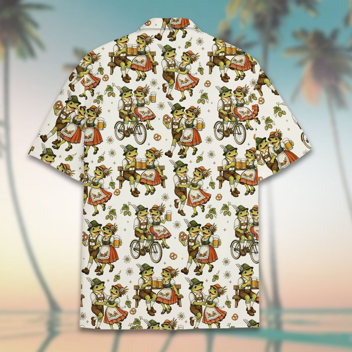 Alternative back view of the matching family hawaiian shirt with Bavarian frog pattern