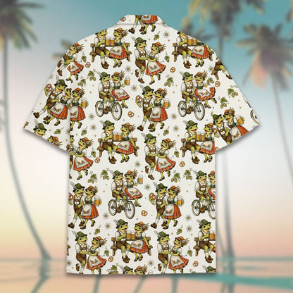 Alternative back view of the matching family hawaiian shirt with Bavarian frog pattern