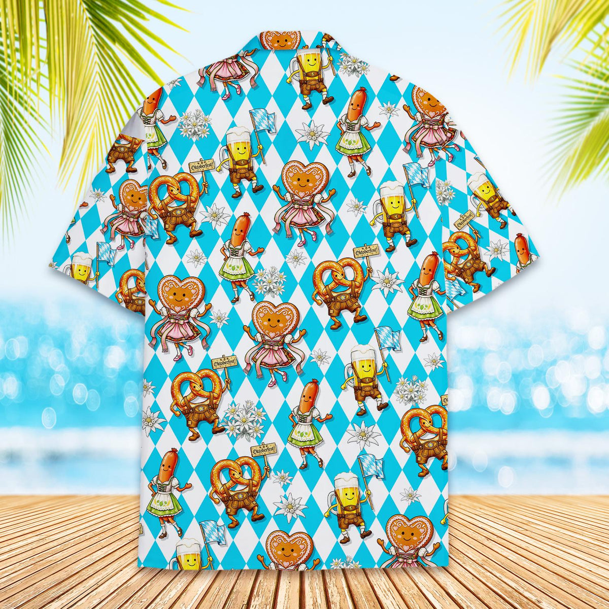 Alternative back view of the blue and white matching family hawaiian shirt