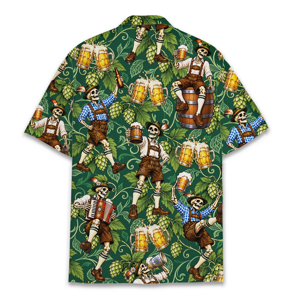 Alternative back view of the Oktoberfest skeleton Hawaiian shirt