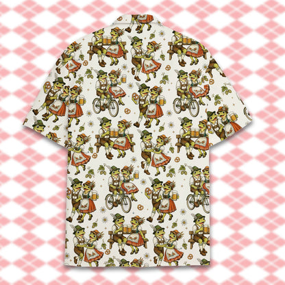 Detailed back view showing the green and brown frog design on the hawaiian shirt