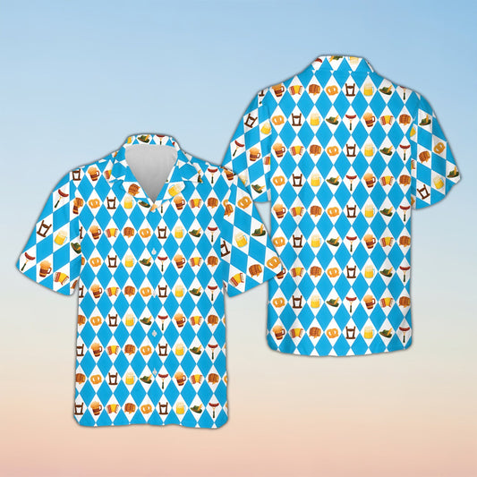 Oktoberfest hawaiian shirt with blue and white Bavarian checkerboard and beer mugs, front view