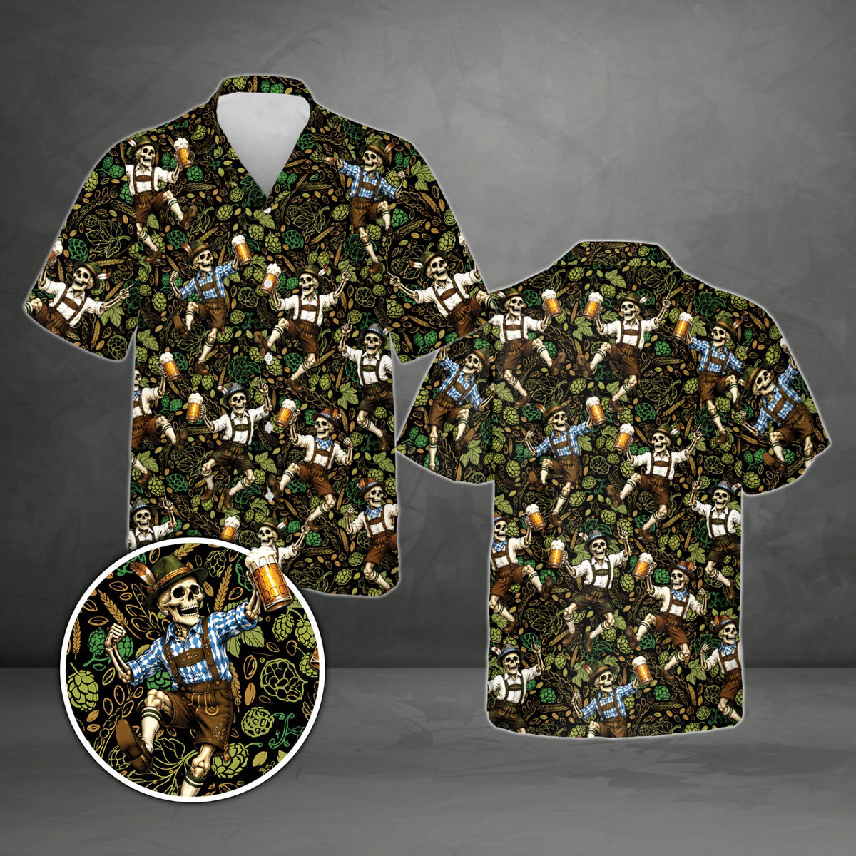 Black oktoberfest hawaiian shirt featuring dancing skeletons and beer mugs, alternative front view