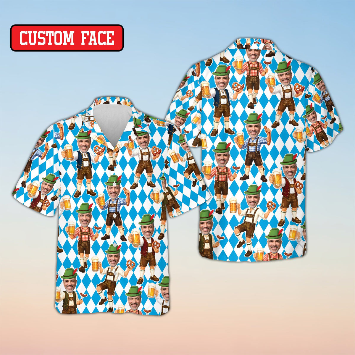 Front view of the matching family hawaiian shirt with hop leaves background pattern