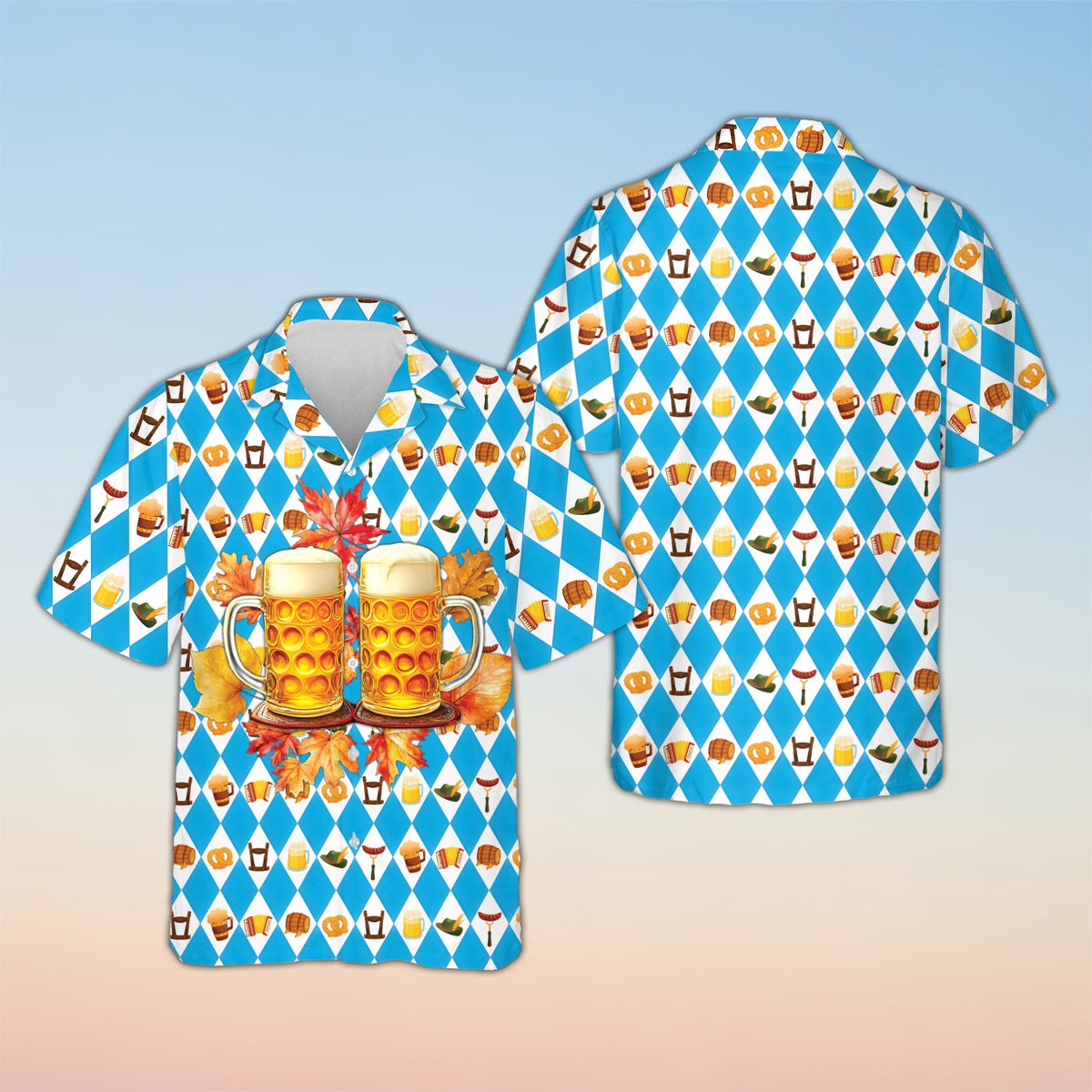Front view of alternate Oktoberfest design with central beer mug and ribbon