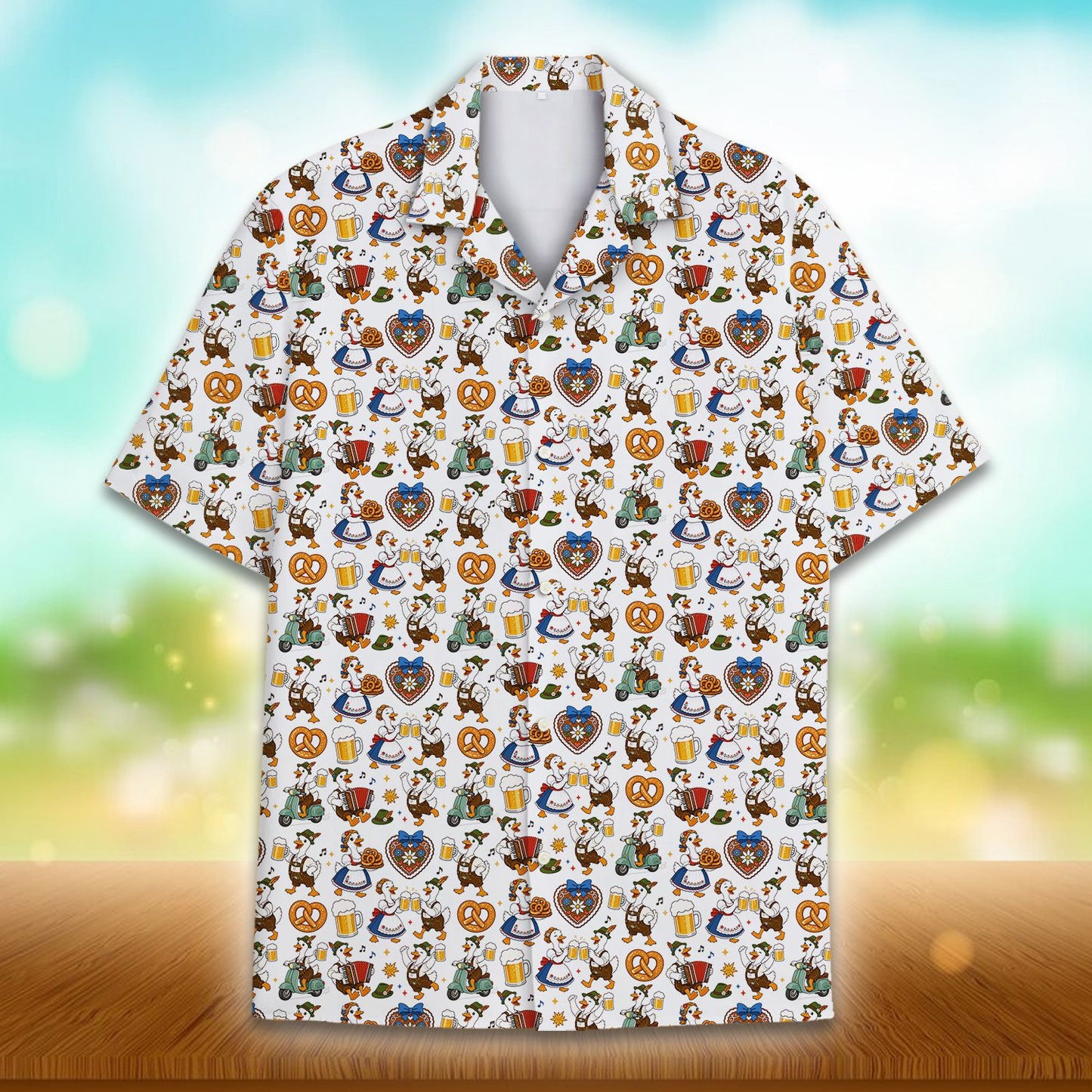 Detailed front view of the Oktoberfest pattern Hawaiian shirt