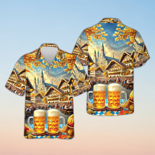 Vibrant oktoberfest hawaiian shirt with Bavarian scene and beer mugs, front view