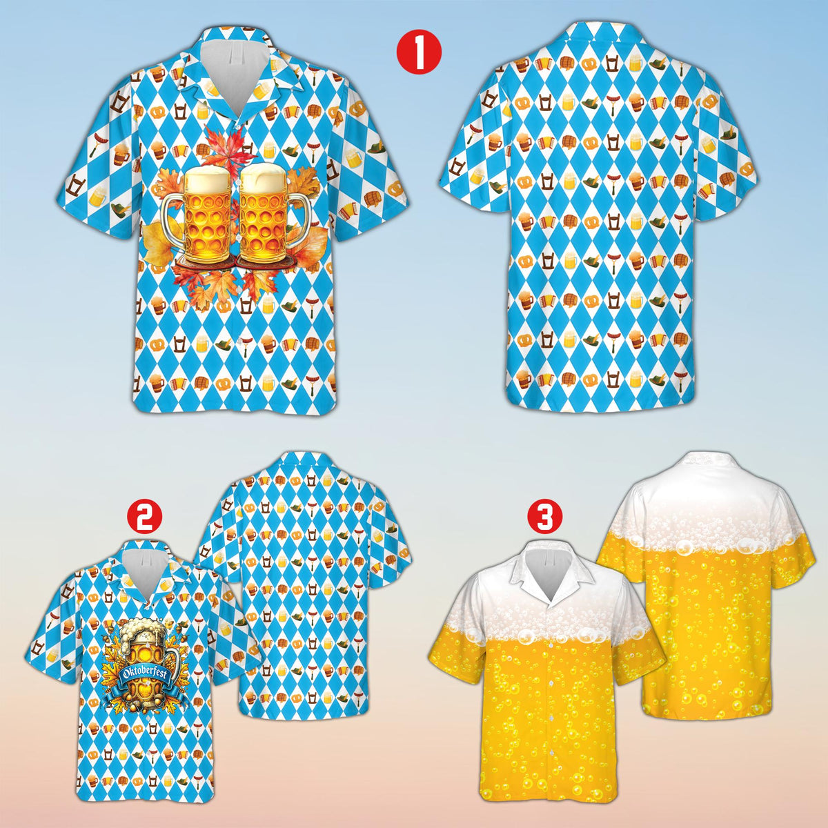 Front view of Oktoberfest Hawaiian shirt with blue diamond pattern and pretzels