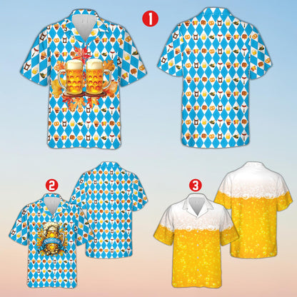 Front view of Oktoberfest Hawaiian shirt with blue diamond pattern and pretzels